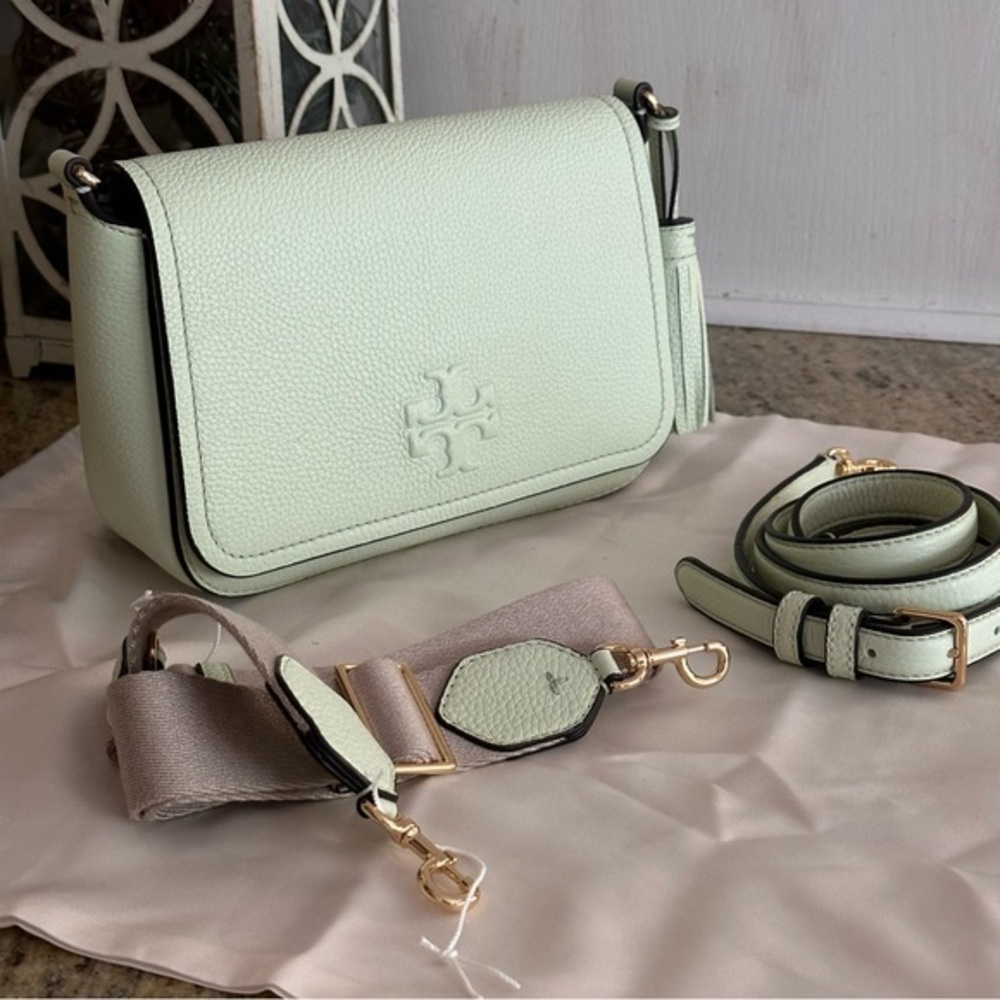 New Tory Burch Thea web flap green mist double straps